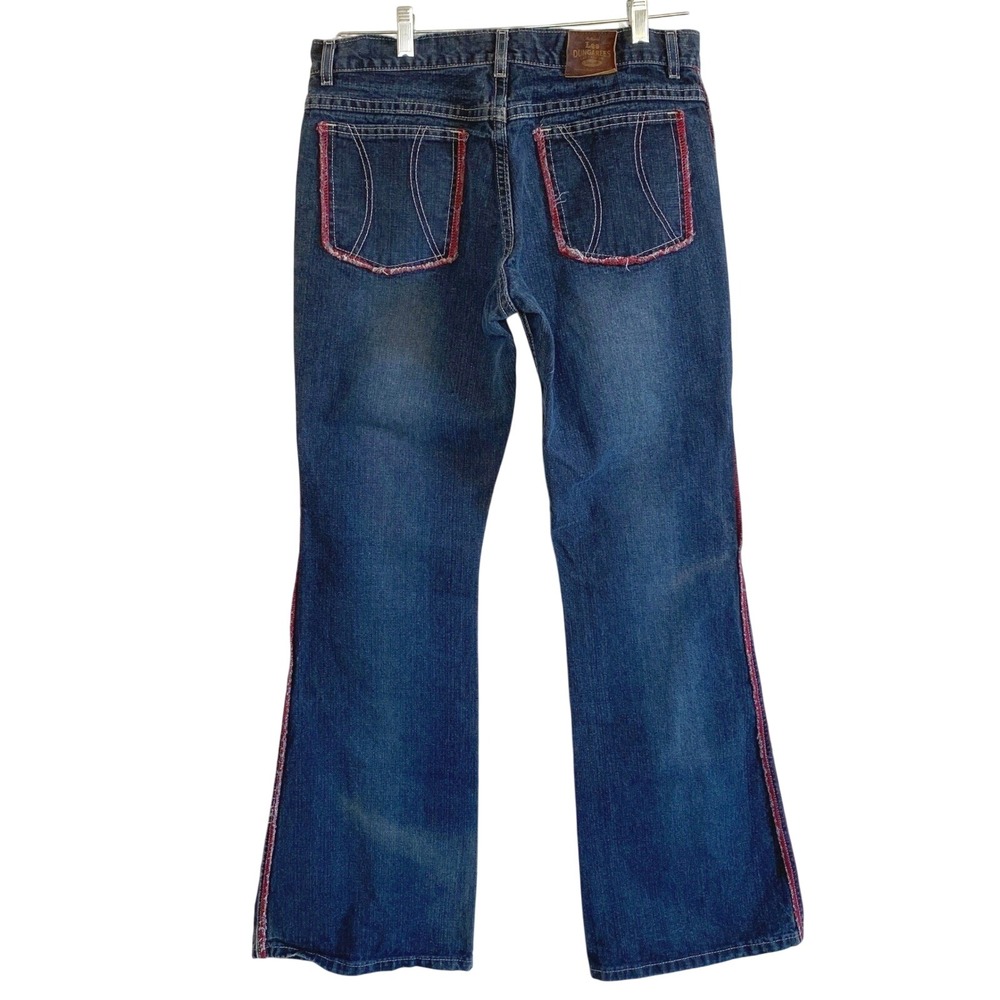 Y2K Lee Dungarees Hipster Flare Jeans Med Wash Red Contrast Stitch Women Size 11